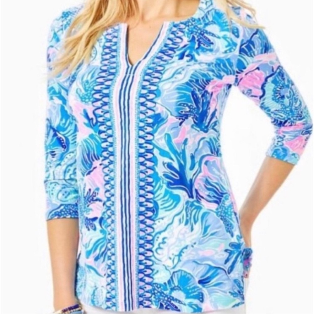 Lilly Pulitzer Karina Chilly Lilly Top 3/4 Sleeve Shade Seekers Womens Small